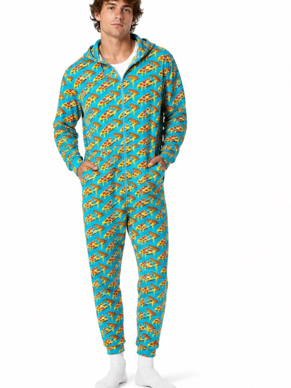 MeUndies Pizza Hooded One Piece Pajamas Adult M/L Blue Union Suit